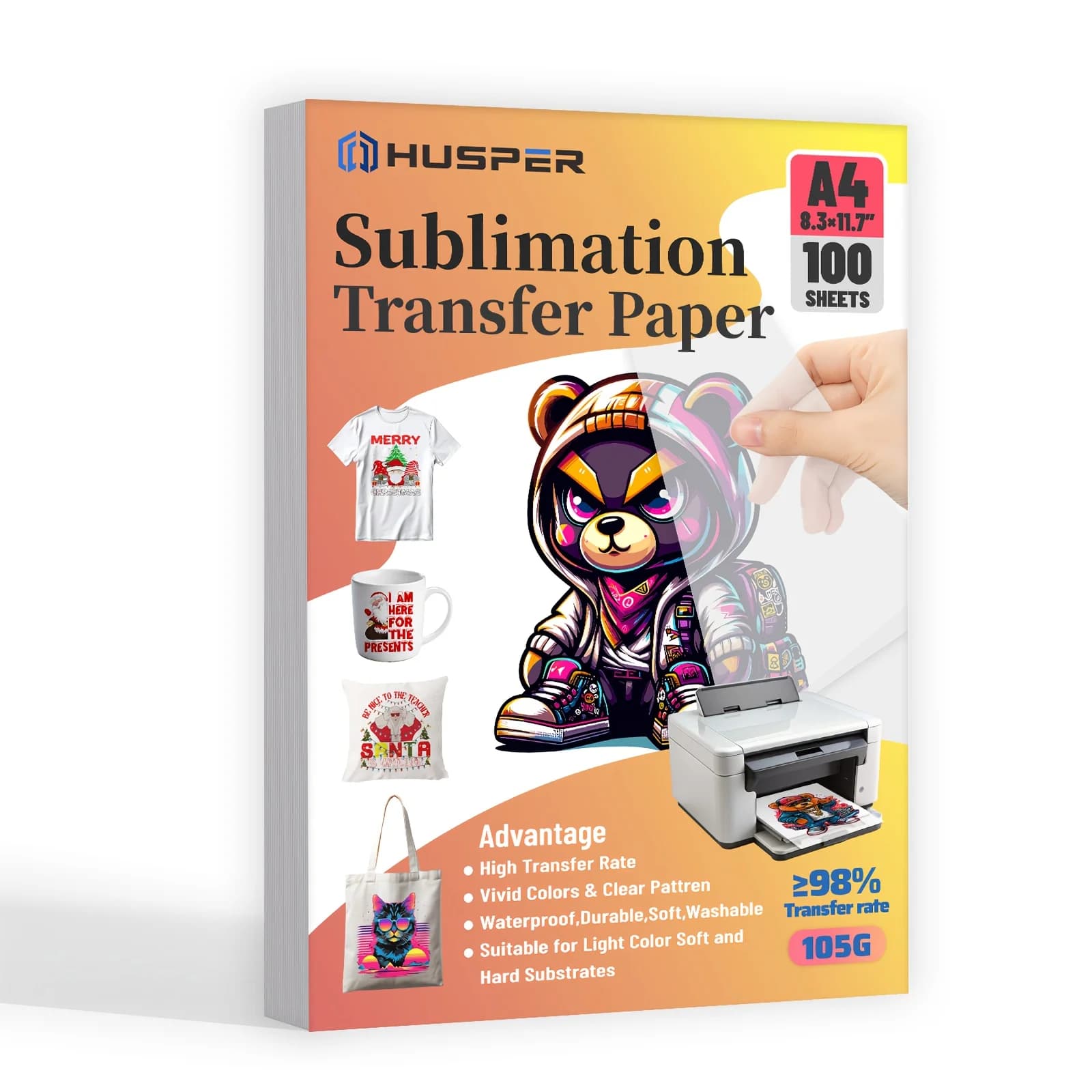 HUSPER Carta per sublimazione A4 100 fogli 105 g Compatibile con stampante a getto d'inchiostro Trasferimento di calore per magliette Tazze Progetti personalizzati
