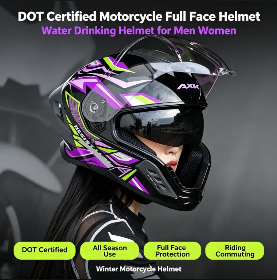 DOT Certified All Season Full Face Motorcycle Helmet Water Drinking Design Men Women Winter Riding Full Cover Helmet