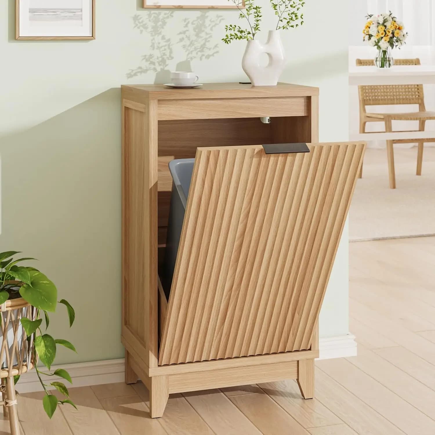 13 Gallon Fluted Tilt Out Trash Can Cabinet Hidden Waste Bin Recycling Cabinet with Soft-Close Door Odor Control Free Standing Kitchen Island Laundry Hamper for Bathroom Dining Room