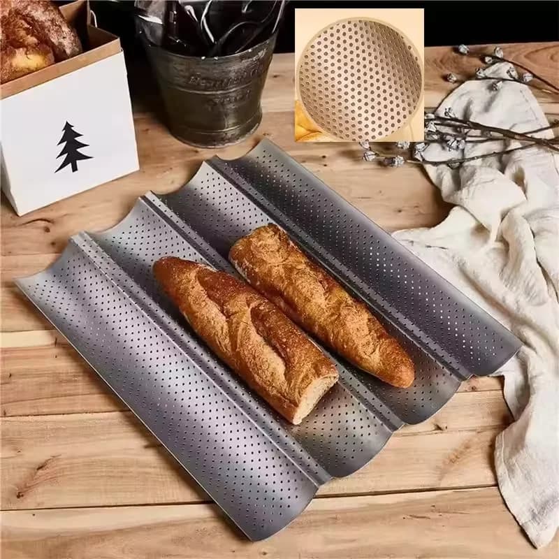 Teglia Antiaderente Perforata in Acciaio al Carbonio per Baguette e Pane Francese, Stampo da Forno per 3/4 Panini Ondulati, Vassoio da Cottura