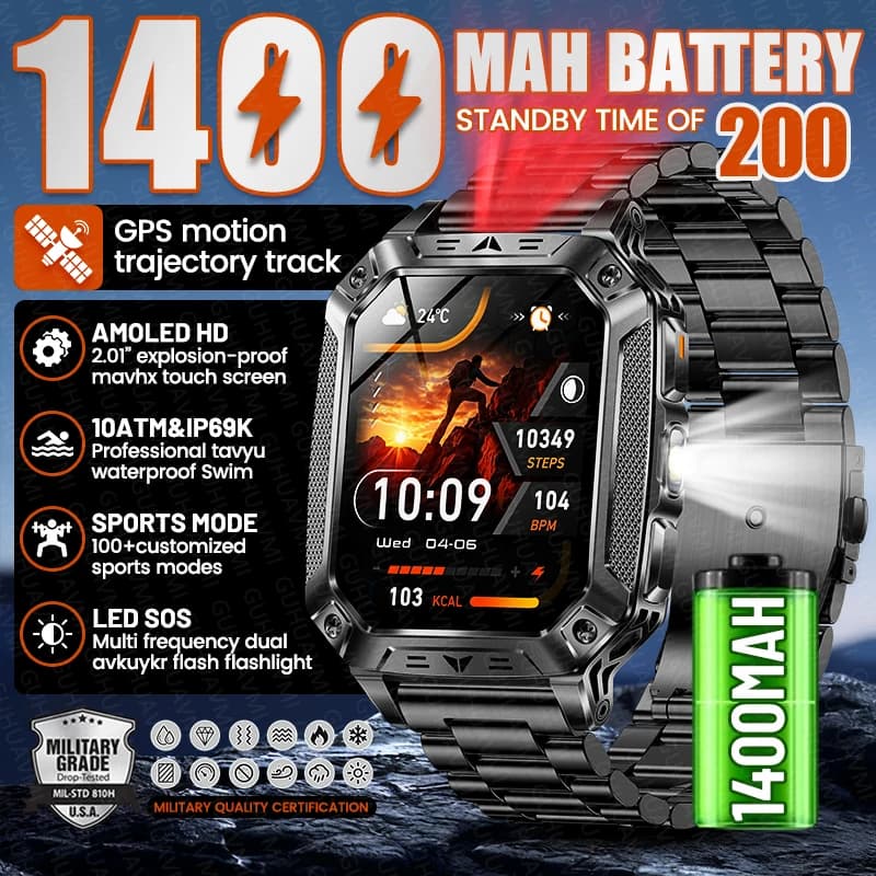 Nuovo Smartwatch Militare con Batteria da 1400mAh, GPS, SOS, Torcia, Chiamate Bluetooth, Impermeabile 10ATM, Orologio Sportivo da Uomo
