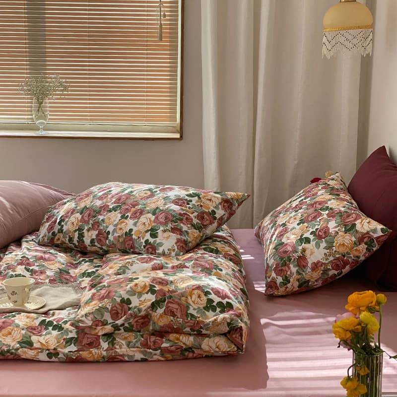 Romantic American Floral Style Pure Cotton Bed Linen Set, Rose Pattern Cover, Three Piece Multifunctional Set