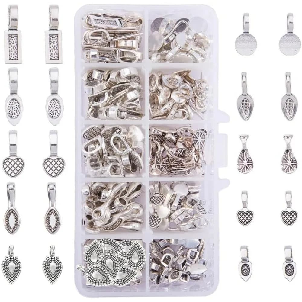 200 Pieces 10 Style Tibetan Silver Alloy Flat Pad Bails Necklace for Earring or Scrabble and Glass Connector Kit for Jewelry Creation
