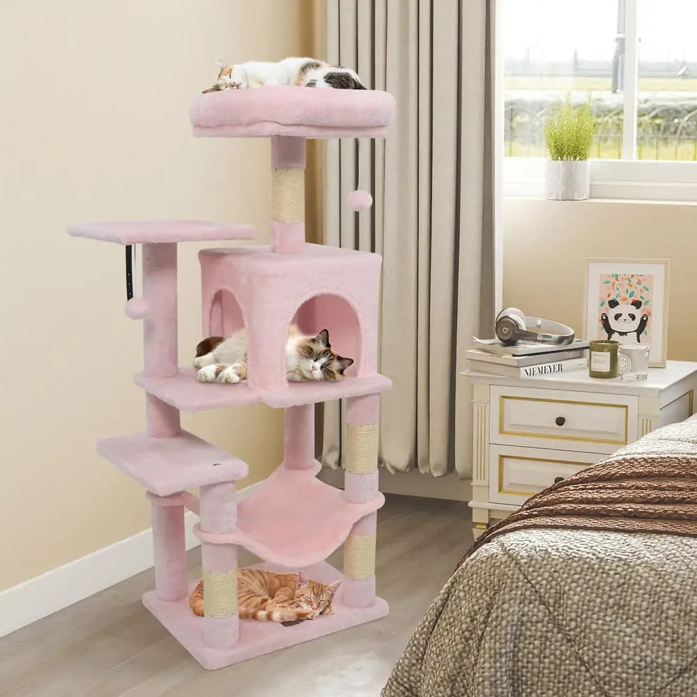 Multi-Level Cat Tree Tower With Double Door Condo, Sisal Scratching Posts, Plush Hammock And Hanging Balls, Sturdy Base For Small Apartments, Pink