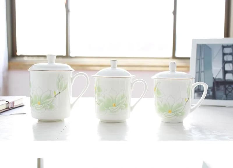 Boccale da birra in vera porcellana da 400 ml, grande tazza smaltata, design orchidea verde, supporto in ceramica, con coperchio, tazza originale e divertente