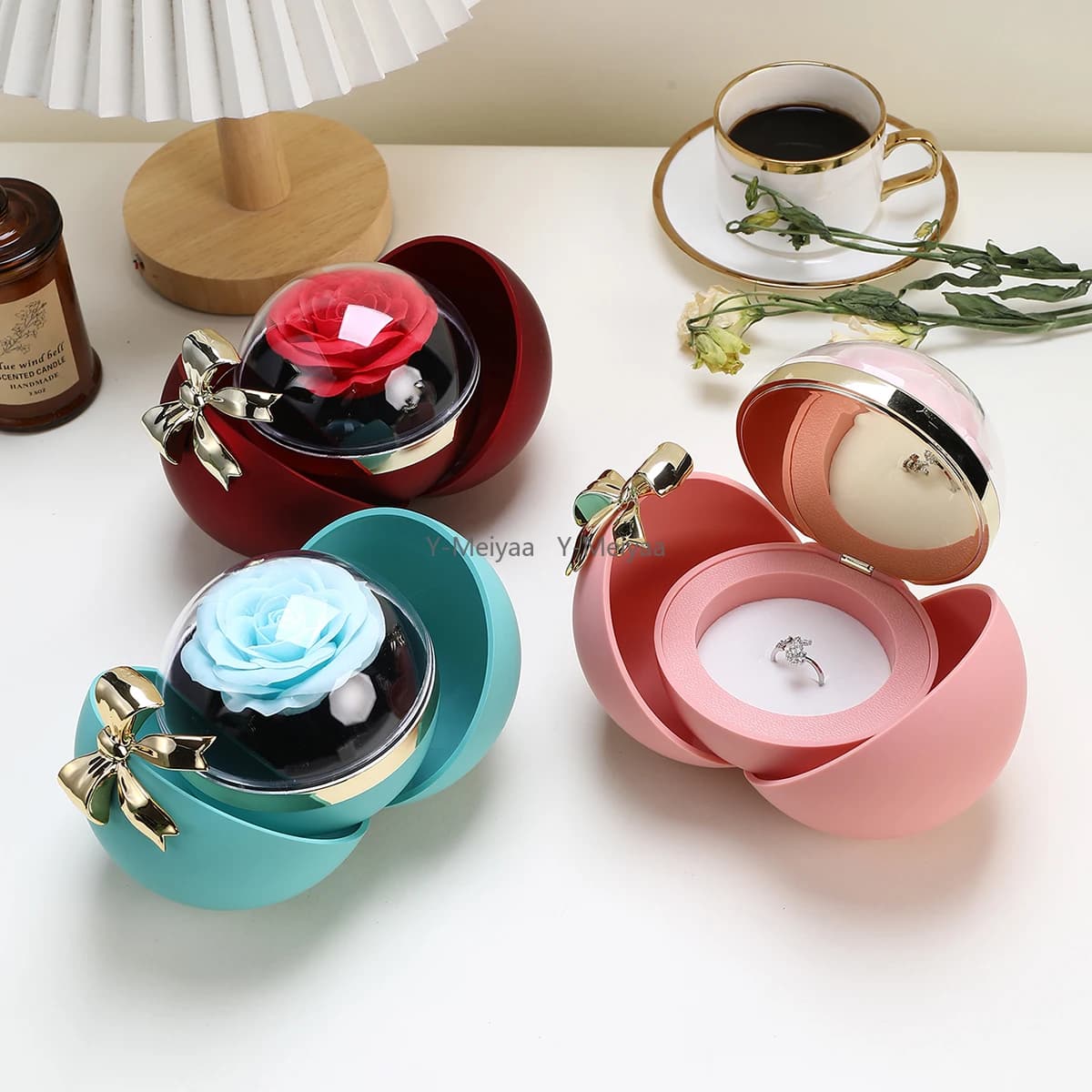 Scatola regalo con rosa eterna conservata con fiocco rotondo, collana, anello, ciondolo, scatola portaoggetti per gioielli, proposta di fidanzamento di San Valentino