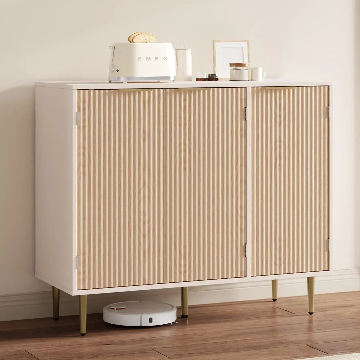 Fluted Sideboard Buffet Cabinet with 3 Doors Adjustable Inner Shelves Golden Metal Support Legs Natural Oak Finish Storage Organizer for Kitchen Living Room Entryway Hallway