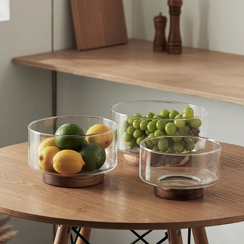 Ciotola in vetro per snack, piatto per frutta secca, insalatiera, portafrutta, cestino per frutta in acacia, stile semplice e lussuoso per la casa.