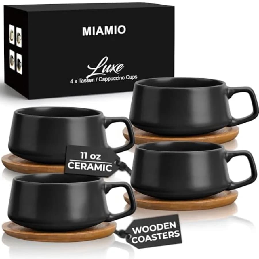 11 Oz., Set of 4 Ceramic Tea Cup and Saucer Bamboo/Tea Mug - Wide Cappuccino Cup, Coffee Cups Ceramic Mug for Cappuccino, Latte