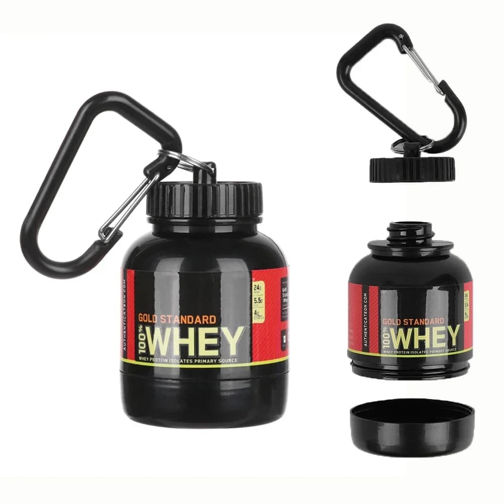 Portable bottle for protein powder with whey keychain, medicine box, funnel for health, small cup of water, outdoor camping container