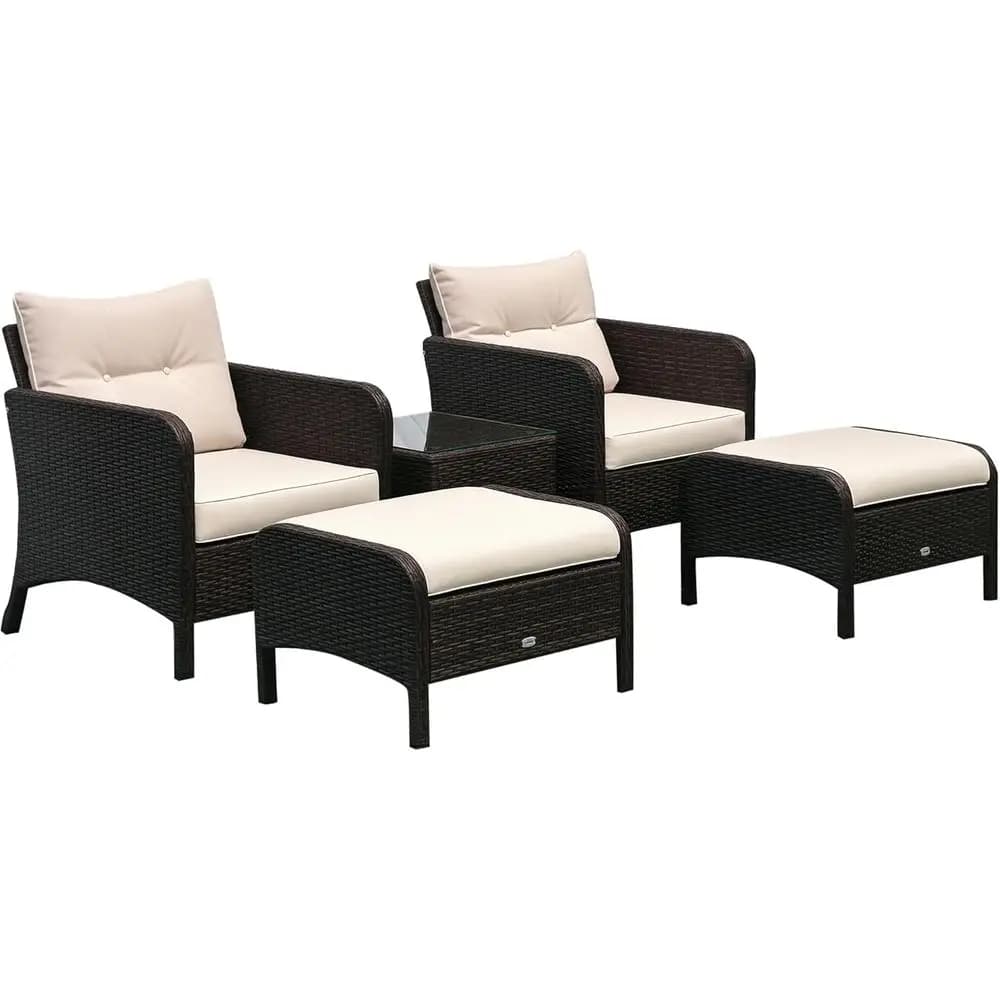 5-Piece Rattan Outdoor Lounge Set with Cushioned Chairs, Ottomans, and Glass Top Coffee Table, Brown/Beige