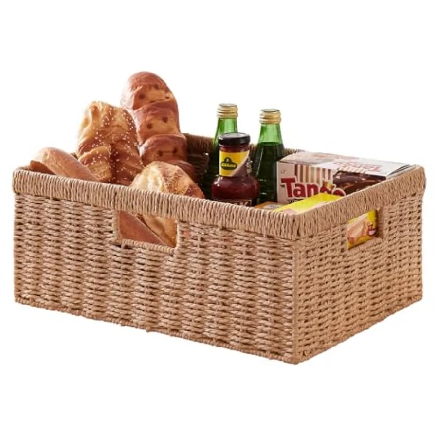 Cesto portaoggetti in vimini, cesti rettangolari in corda di carta con manici integrati, organizer decorativo intrecciato per dispensa, scaffali