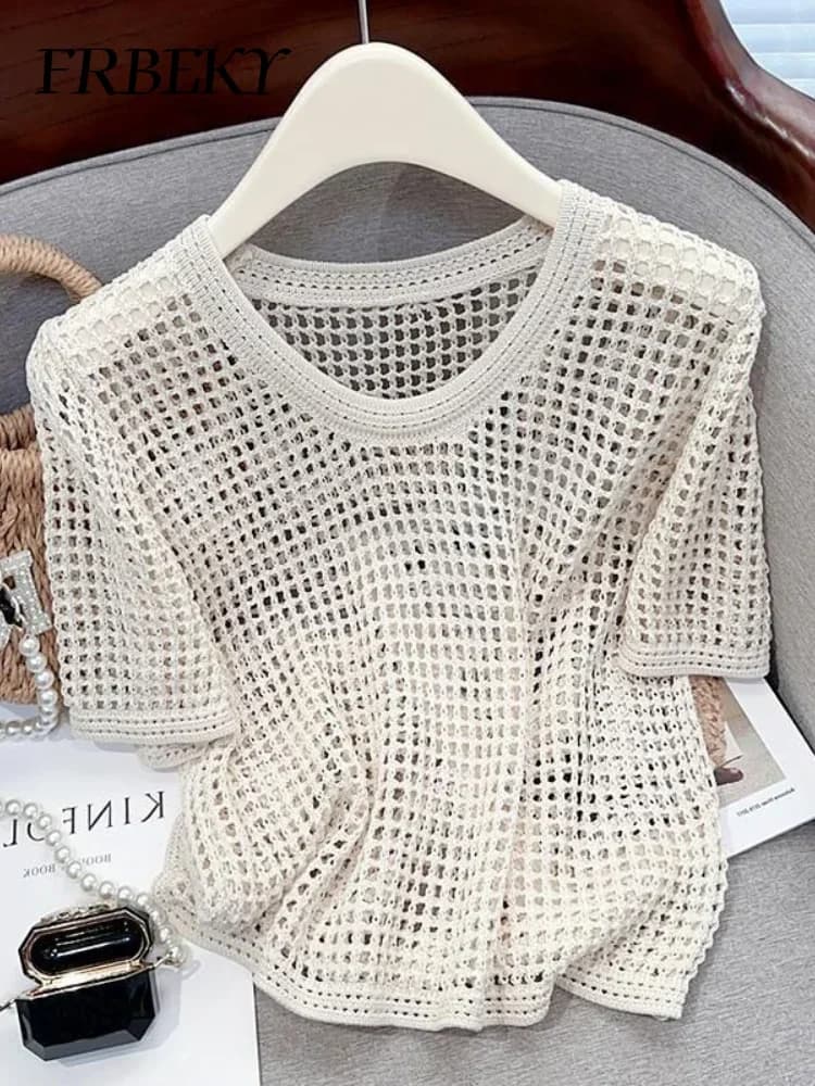 Streetwear Jumper Summer Hollow sottile manica corta allentato girocollo maglieria capispalla maglione oversize donna moda coreana