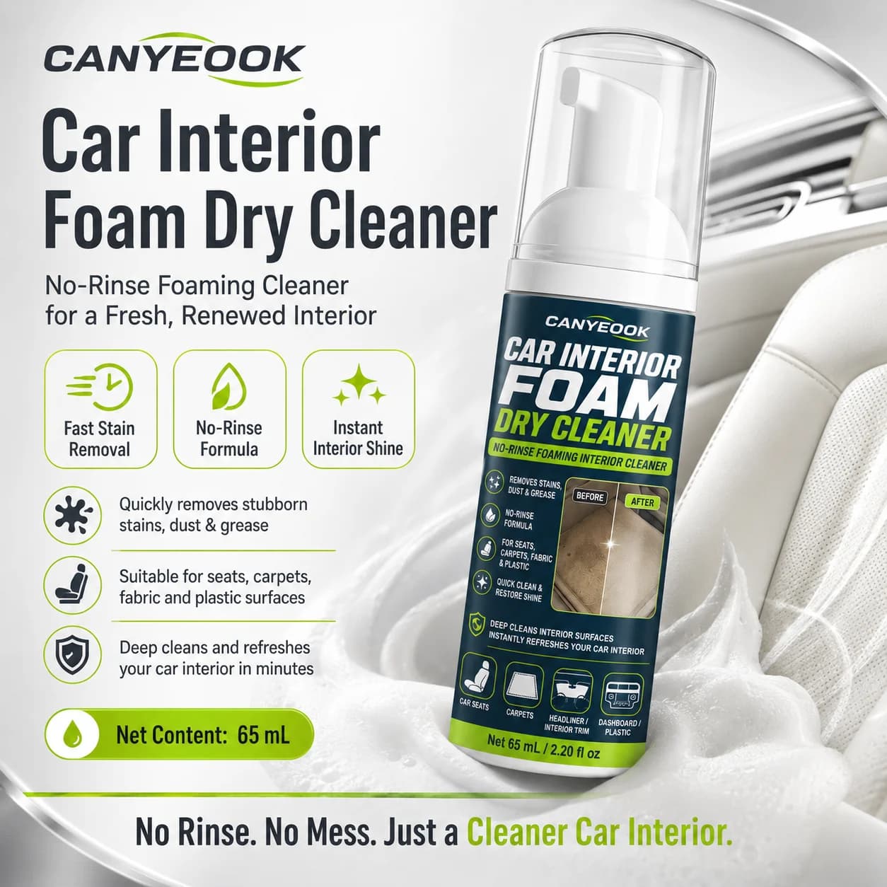 Pet Dry Foam Shampoo for Water-Fearing Dogs & Cats, No-Rinse Quick Paw Tail Butt Cleaner, Plant-Based Moisturizing Deodorizer, T