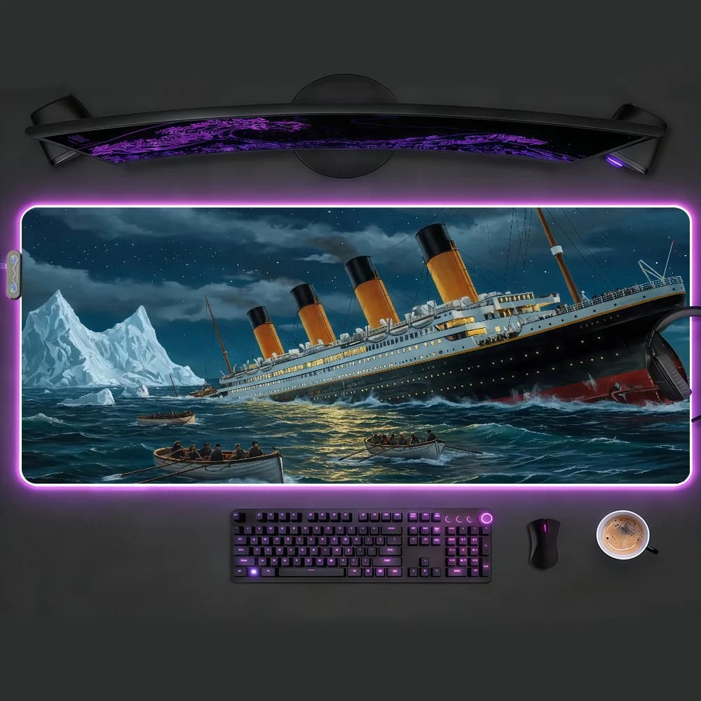 Tappetino per mouse Movie Rms T-Titanic, impermeabile, con luce LED RGB, tastiera da gioco colorata, superficie antiscivolo