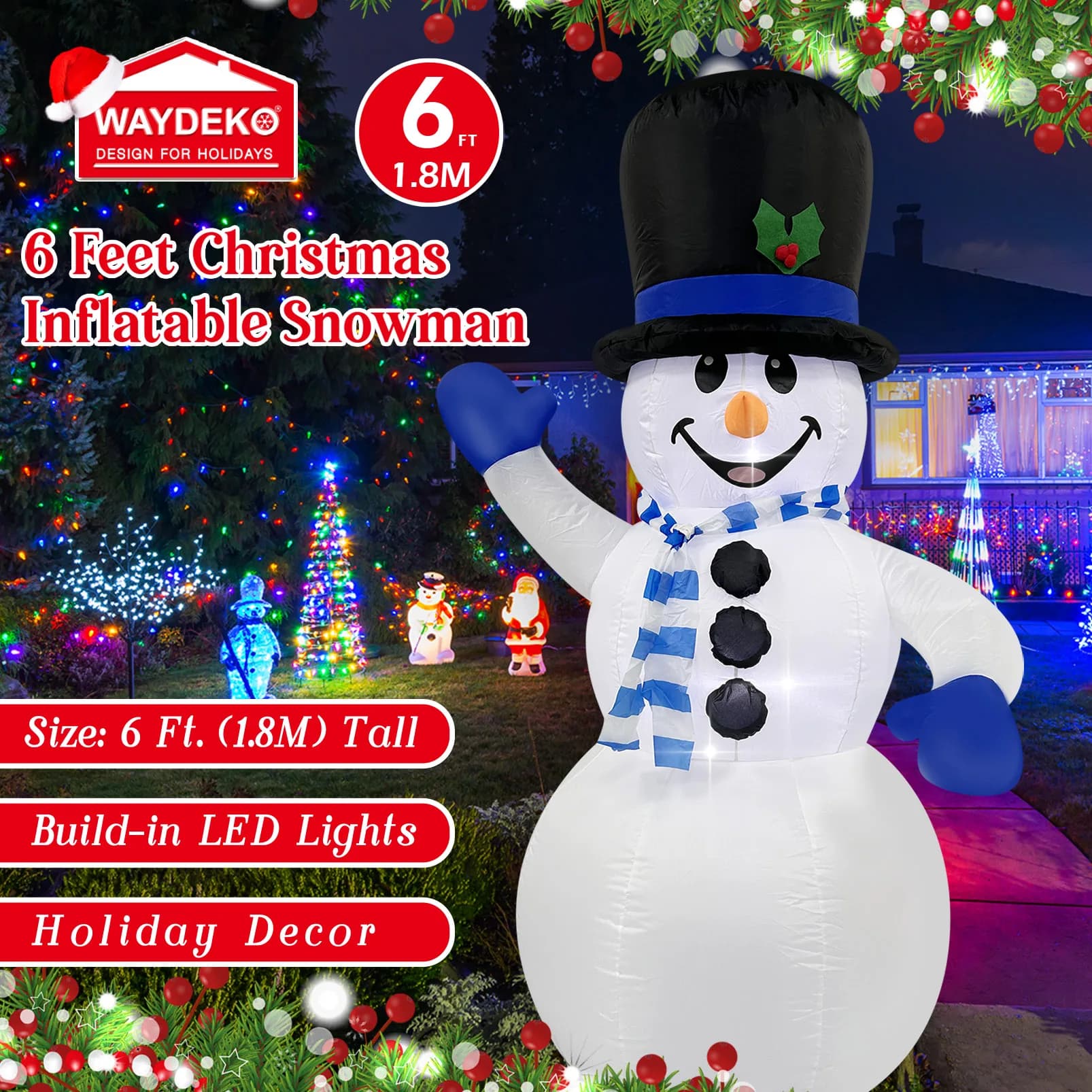 Pupazzo di neve gonfiabile di Natale illuminato a LED che soffia decorazione del prato del cortile esterno per la festa invernale del giardino domestico 6Ft/1.8M Blu