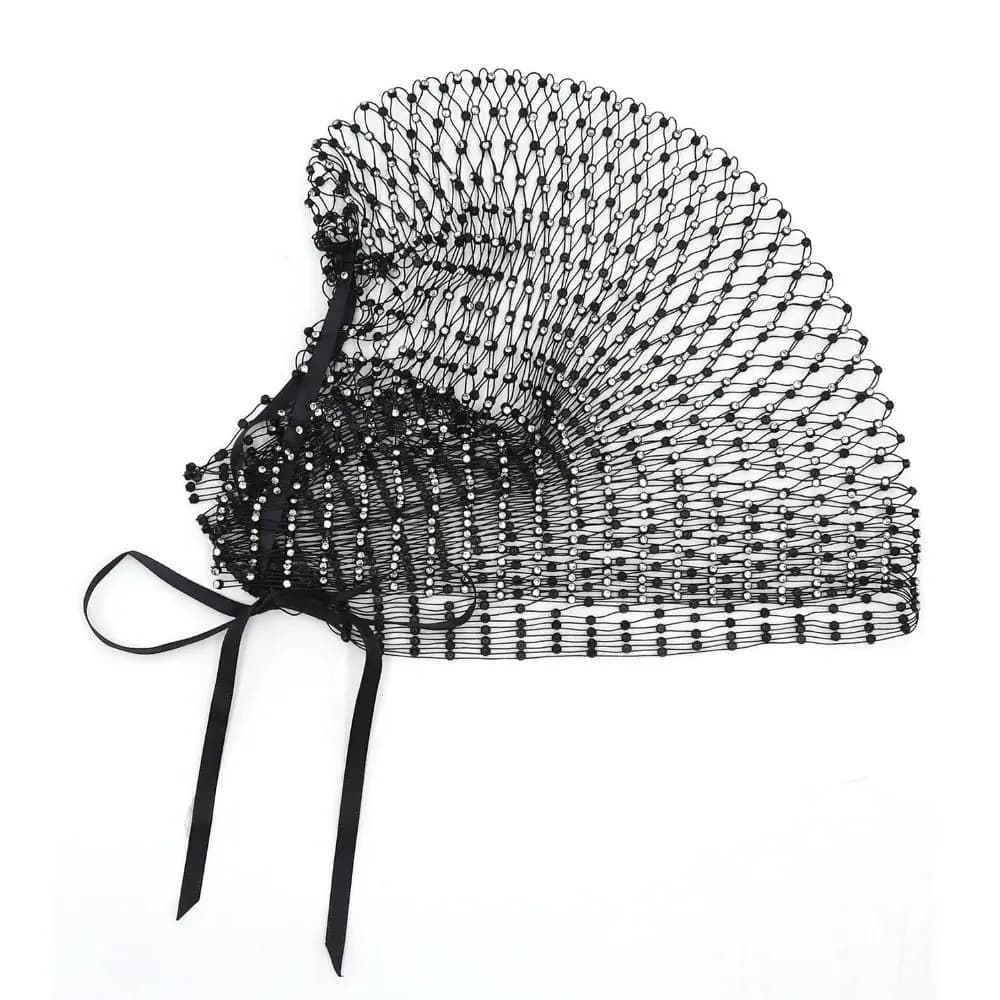 European American Style Fishing Net Headcover Elastic Adjustable Rhinestone Face Veil Sparkling Hollow Out Beanies