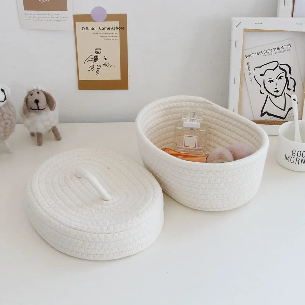 Scatola portaoggetti ovale decorativa in corda di cotone fatta a mano con coperchio e design intrecciato, contenitore portaoggetti per aghi