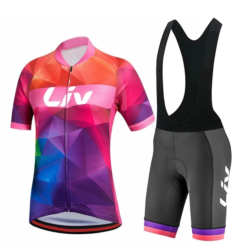 Women's LIV summer cycling suit with sponge padded bib, short sleeve mesh, cycling sportswear, fast drying cycling set for outdoors