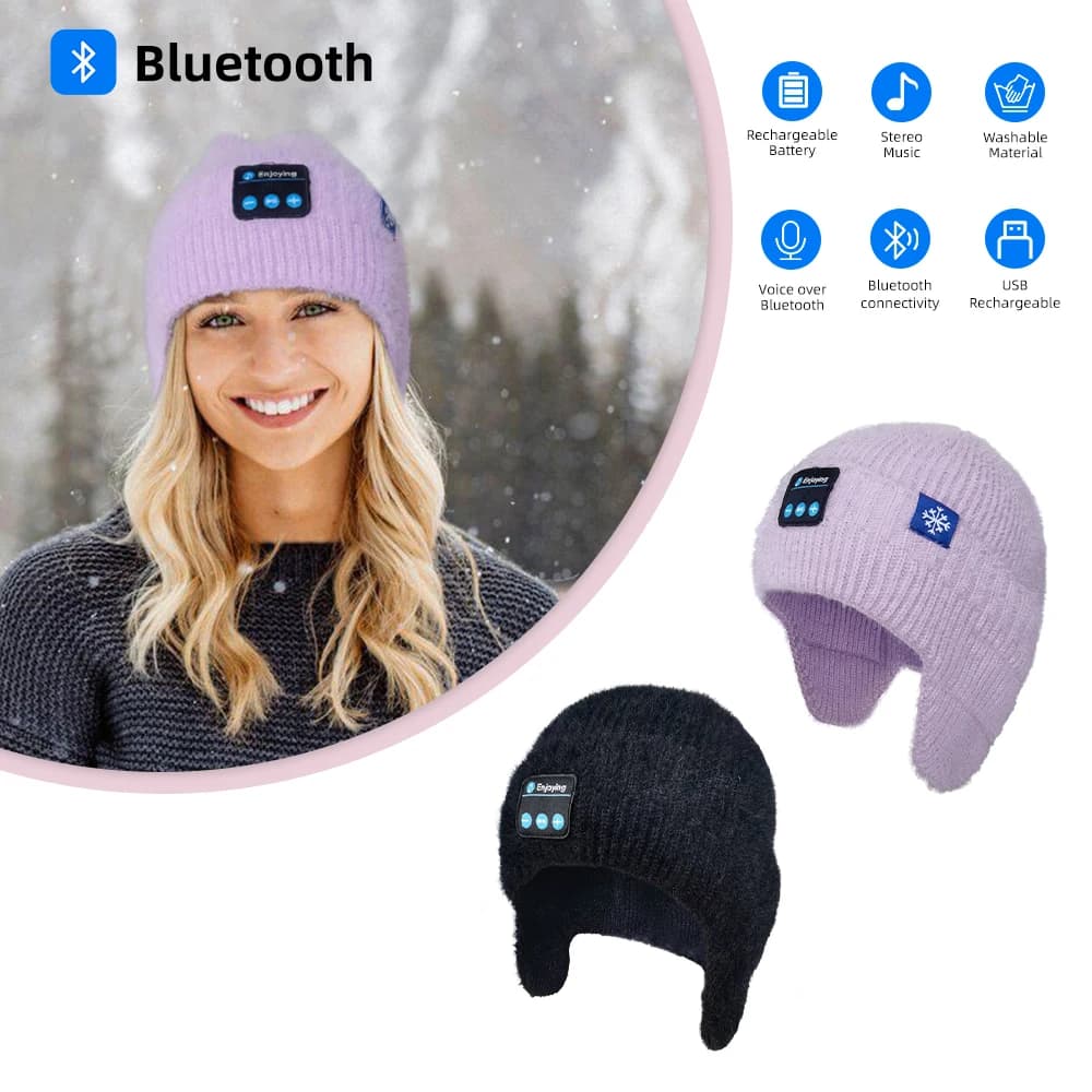 Wireless Bluetooth Headphone, Men's and Women's Knit Winter Hat with Earphones, Music Speaker Hat, Outdoor Walking Cap, Purple