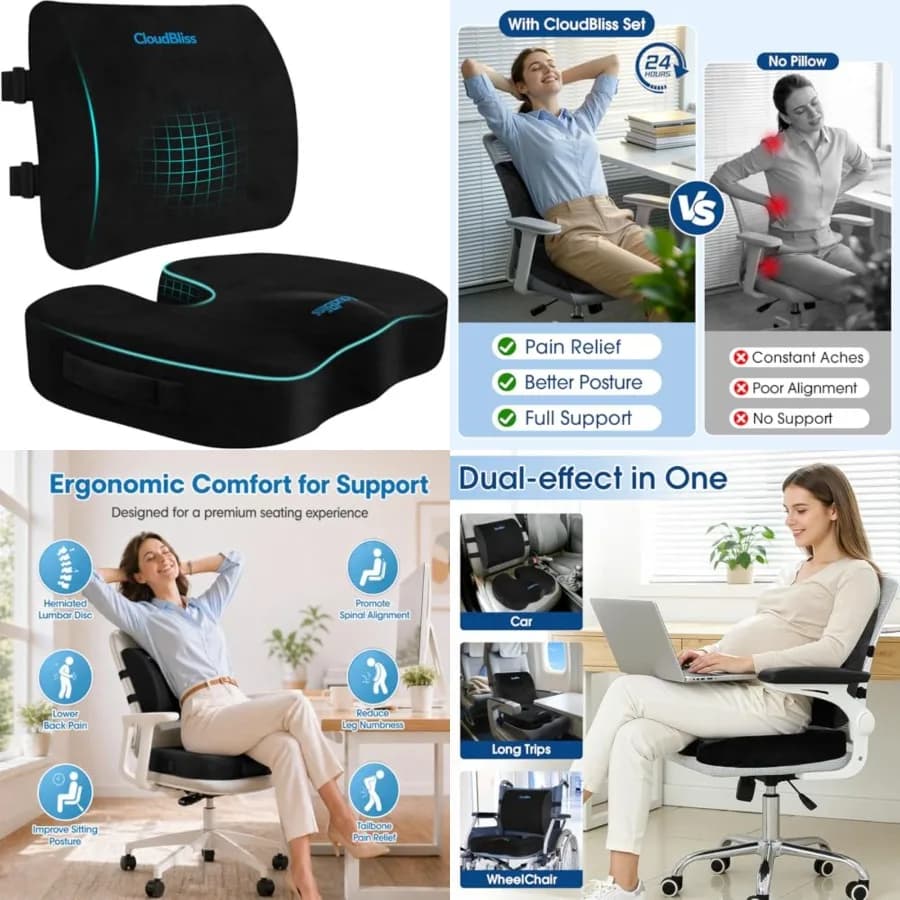 Set di cuscini di supporto lombare per sedia da ufficio, sedia da scrivania, sedia a rotelle, supporto per la schiena in memory foam per auto, sedia ergonomica C