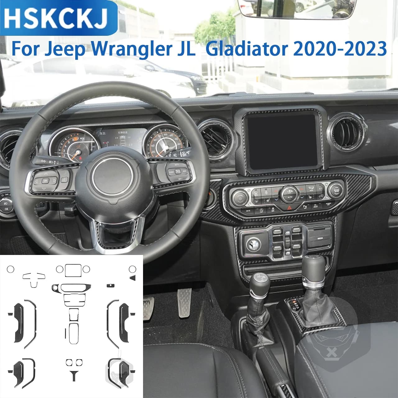 Adesivi interni in fibra di carbonio per display della presa d'aria del cruscotto, pulsante di avviamento e schermo per Jeep Wrangler JL Gladiator 2018-2023