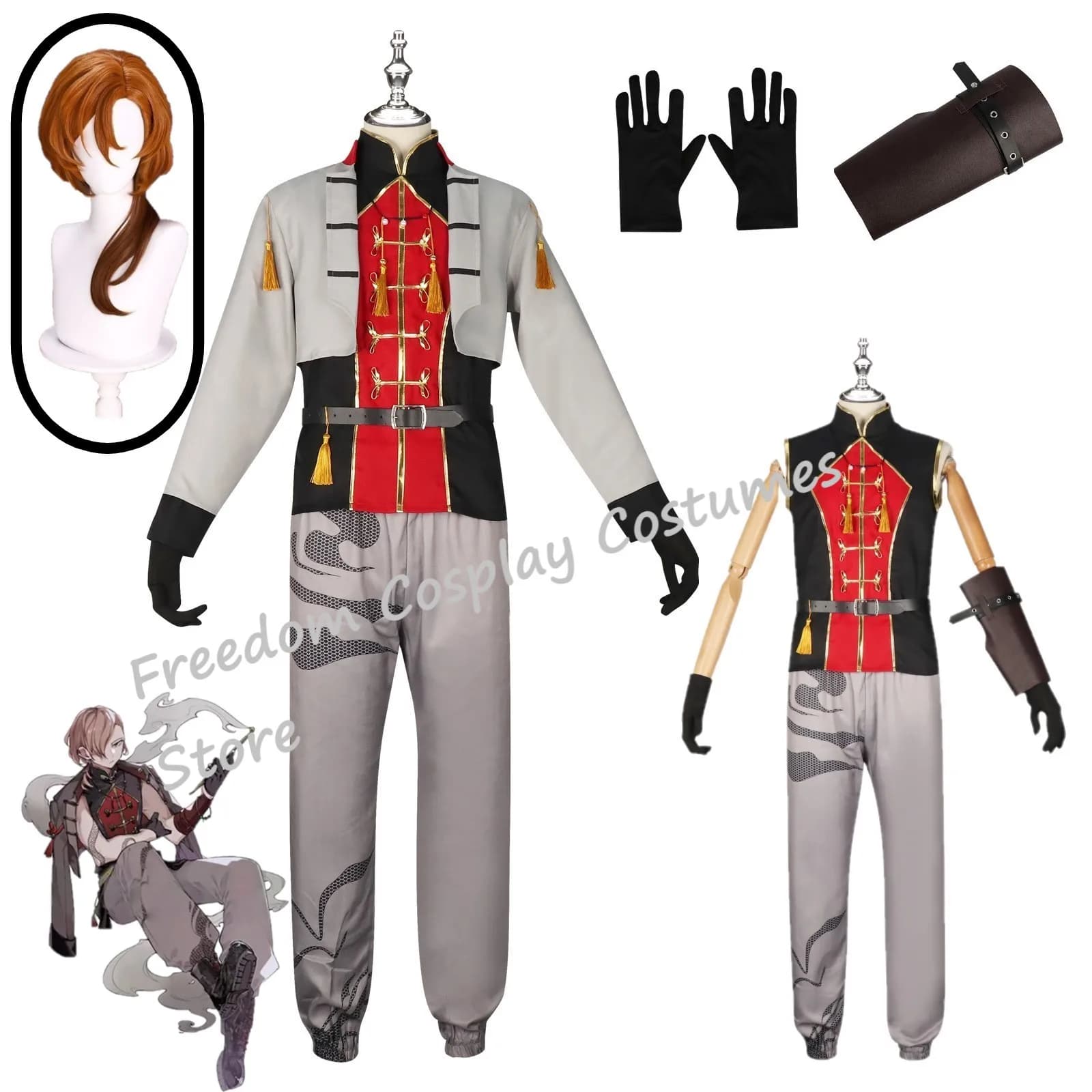 Anime Bungo Stray Dogs Nakahara Chuuya Costume Cosplay Parrucca Uniforme Gotica Cappotto Camicia Guanti Parrucca Costumi di Halloween per Gli Uomini