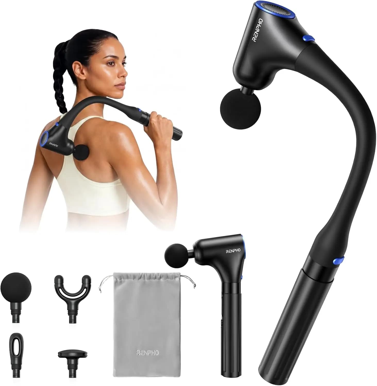 4-in-1 Massage Gun with Extension Handle, 10mm Deep Tissue Relief, Portable Back Massager for Soreness, Travel Muscle Massager