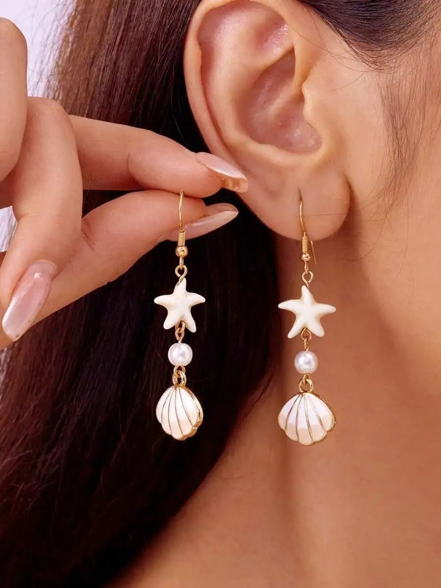 1 Pair Minimalist Starfish, Pearl & Shell Design Earrings, Suitable For Beach Vacation & Summer Matching