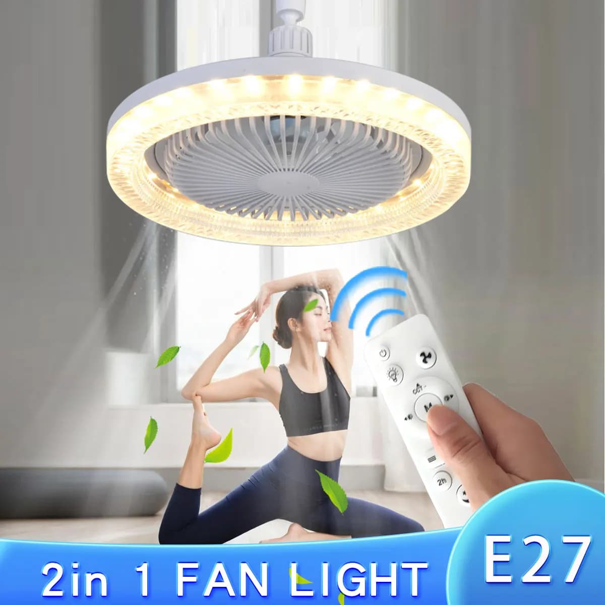 Ventilatore da soffitto intelligente 3 in 1 con illuminazione con telecomando Base di conversione E27 Base di illuminazione 85-265 V adatta per camera da letto e soggiorno