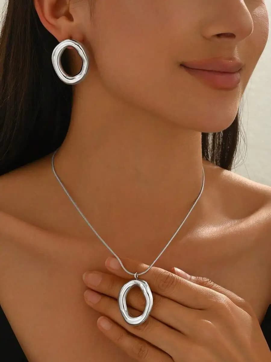 Set di 3 collane e orecchini con cerchi geometrici vuoti per donna, gioielli alla moda, lisci, lucidi e ipoallergenici