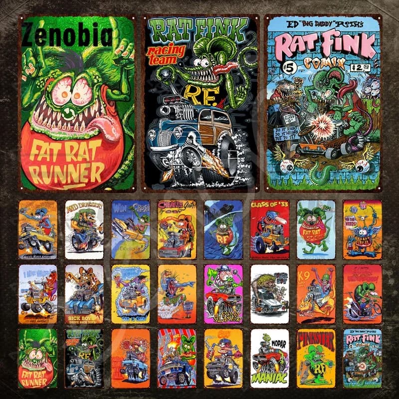 Cartoon Metal Sign RAT FINK Vintage Tin Sign Funny Cartoon Characters Metal Plate Tin Plaque Wall Stickers for Home Decoration