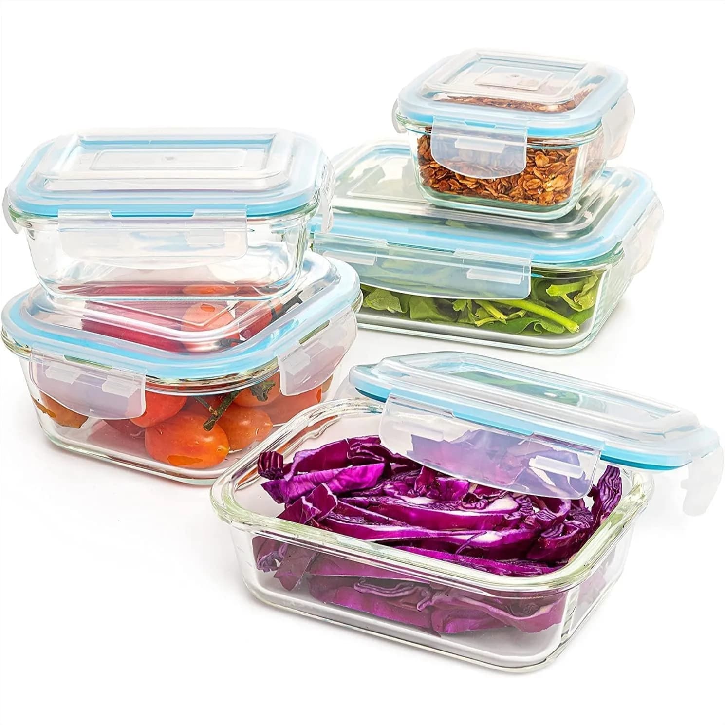 Contenitori in Vetro Borosilicato per Preparazione Pasti, Set da 10 Pezzi, Coperchi Ermetici a Chiusura Rapida, Adatti per Congelatore e Microonde, Impilabili
