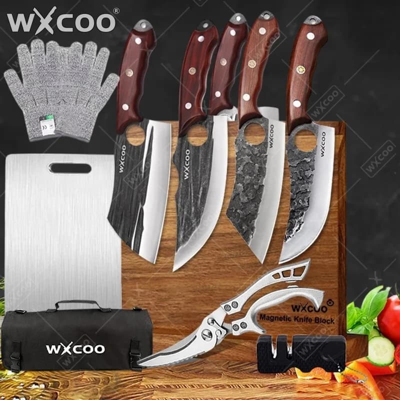 WXCOO Forged Kitchen Knives Set Wooden Handle Magnetic Block Kitchen Butcher Knife Boning Meat Cleaver Fruit Slicing 1~11PCS