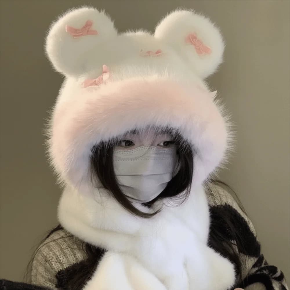 Fashion Fluffy Bow Ear Protection Hat Thickened Ear Protection Beanies Cap Keep Warm Cold Proof Balaclava Hat Winter/Autumn