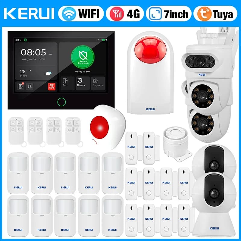 KERUI Allarme antifurto wireless touchscreen completo da 7 pollici per casa, sistema di allarme domestico 4G + WiFi, set completo, allarme app Tuya Smart