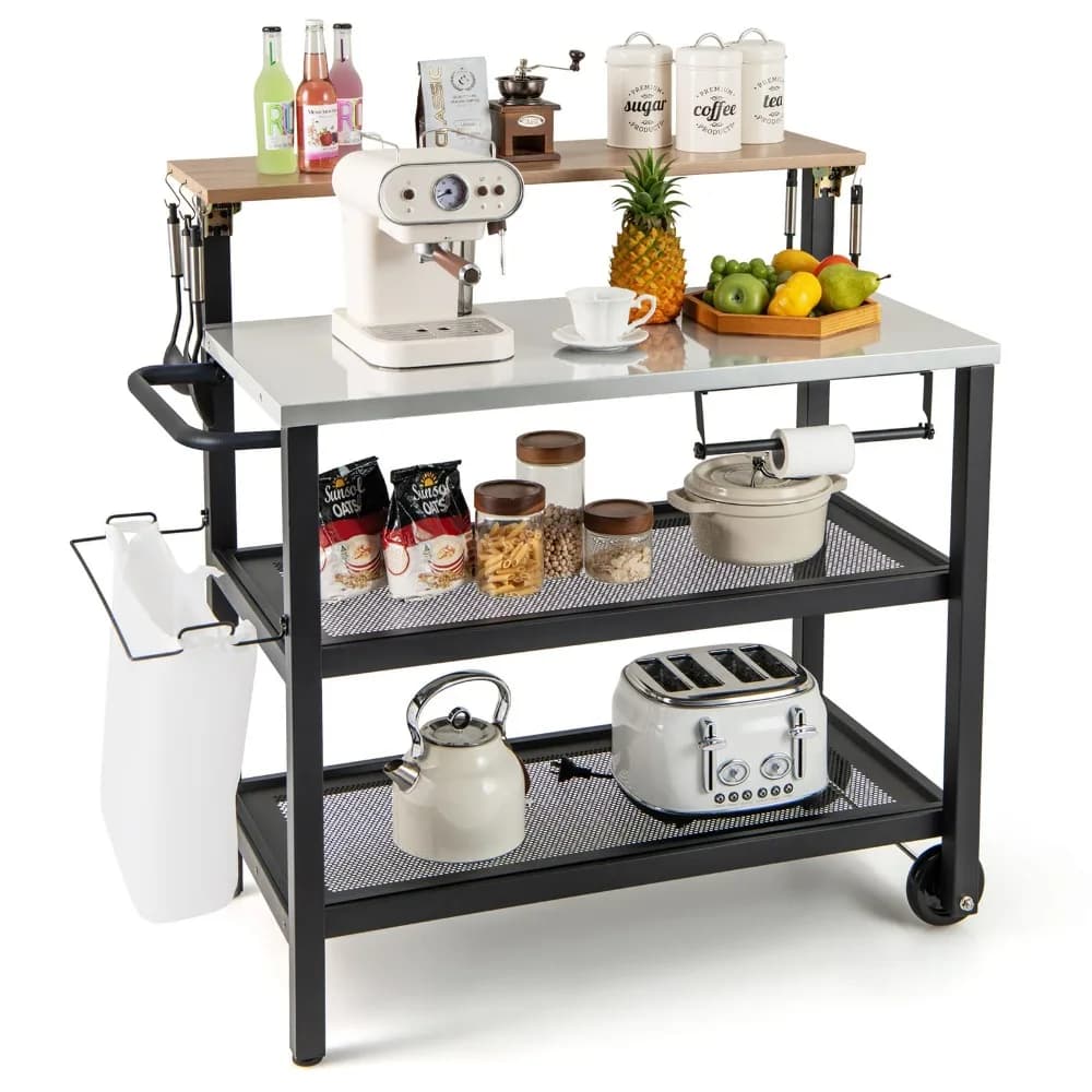 Carrello bar con ruote, tavolo ribaltabile, ganci, porta rotoli di carta, porta sacchetti per la spazzatura