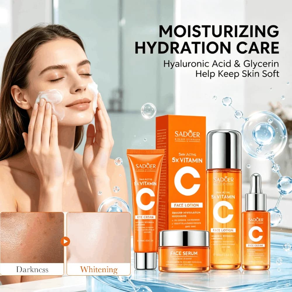 Sadoer 5x Vitamin C Skin Care Kit Cleanser Eye Cream Toner Serum Niacinamide Brightening Anti-Aging Firming Facial Set for Women