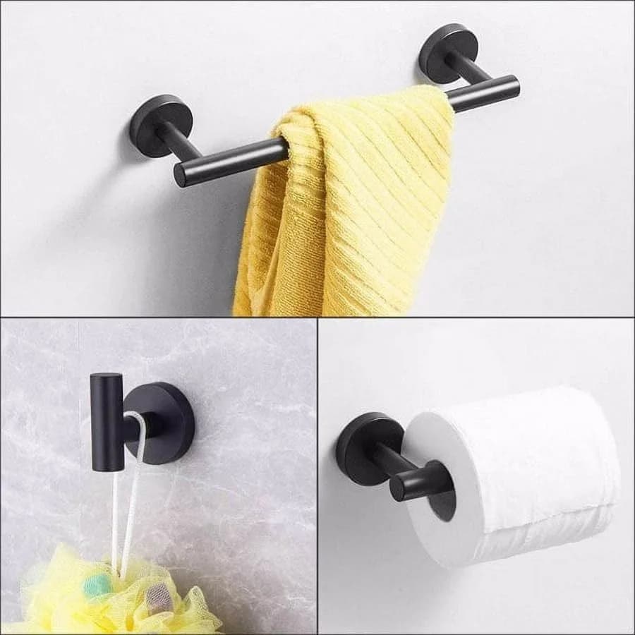 Matte Black Bathroom Hardware Set - 304 Stainless Steel Wall-Mounted Towel Bar Toilet Paper Holder and Hook Anti-Rust Organizer