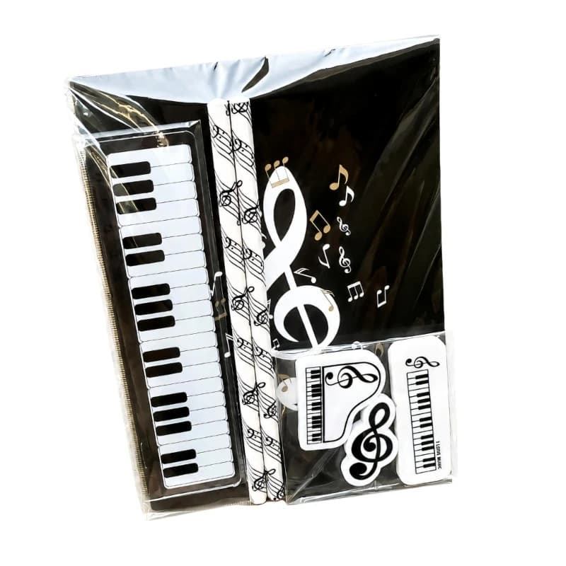 Y1UB School Supplies Stationeries Set with Music Notebook, 2 Pencils, Ruler and 3 Erasers, Piano Design for Writing Practice