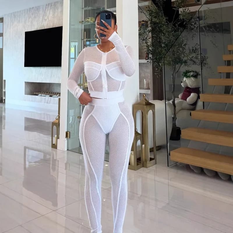 Fishnet Patchwork Solid See Through Mesh 2 Piece Set Women Long Sleeve Zipper Crop Tops + High Waist Pencil Pants Casual Suits