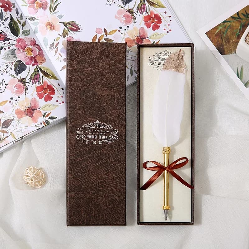 New White Feather Pen Business Signature Gift Box European Vintage Calligraphy Stationery Fountain