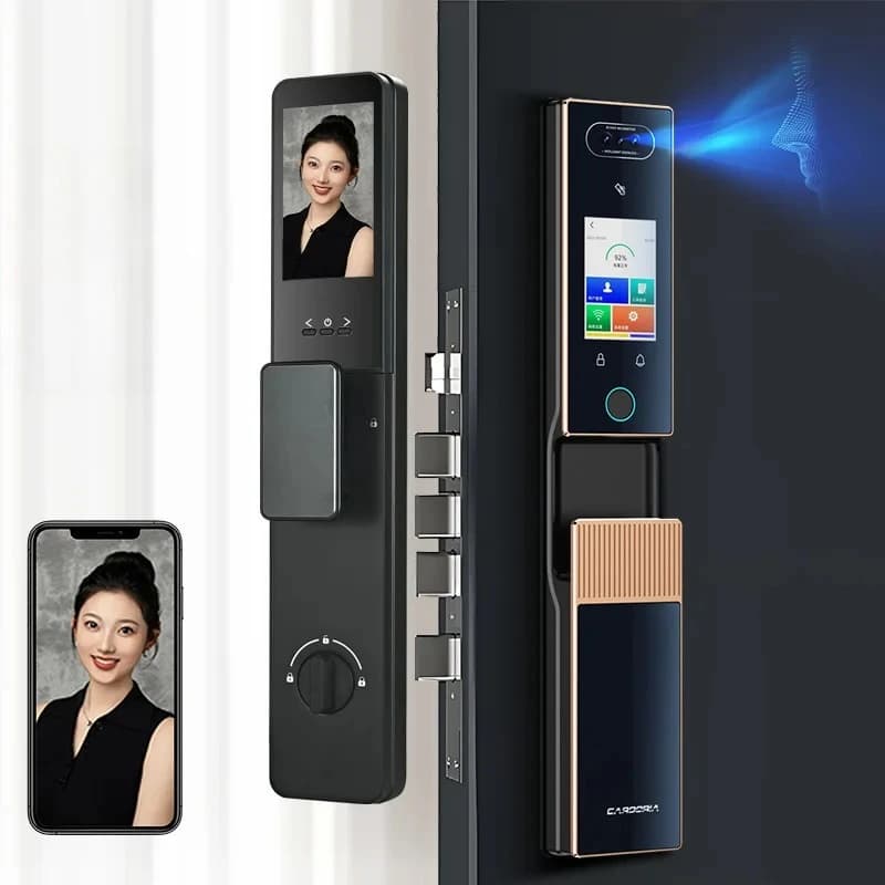 Cardoria Serratura Intelligente Completamente Automatica con AI, Doppio Schermo, Doppia Fotocamera, Riconoscimento Vene Palmari, Impronte Digitali e Facciale, per Ingresso Porta
