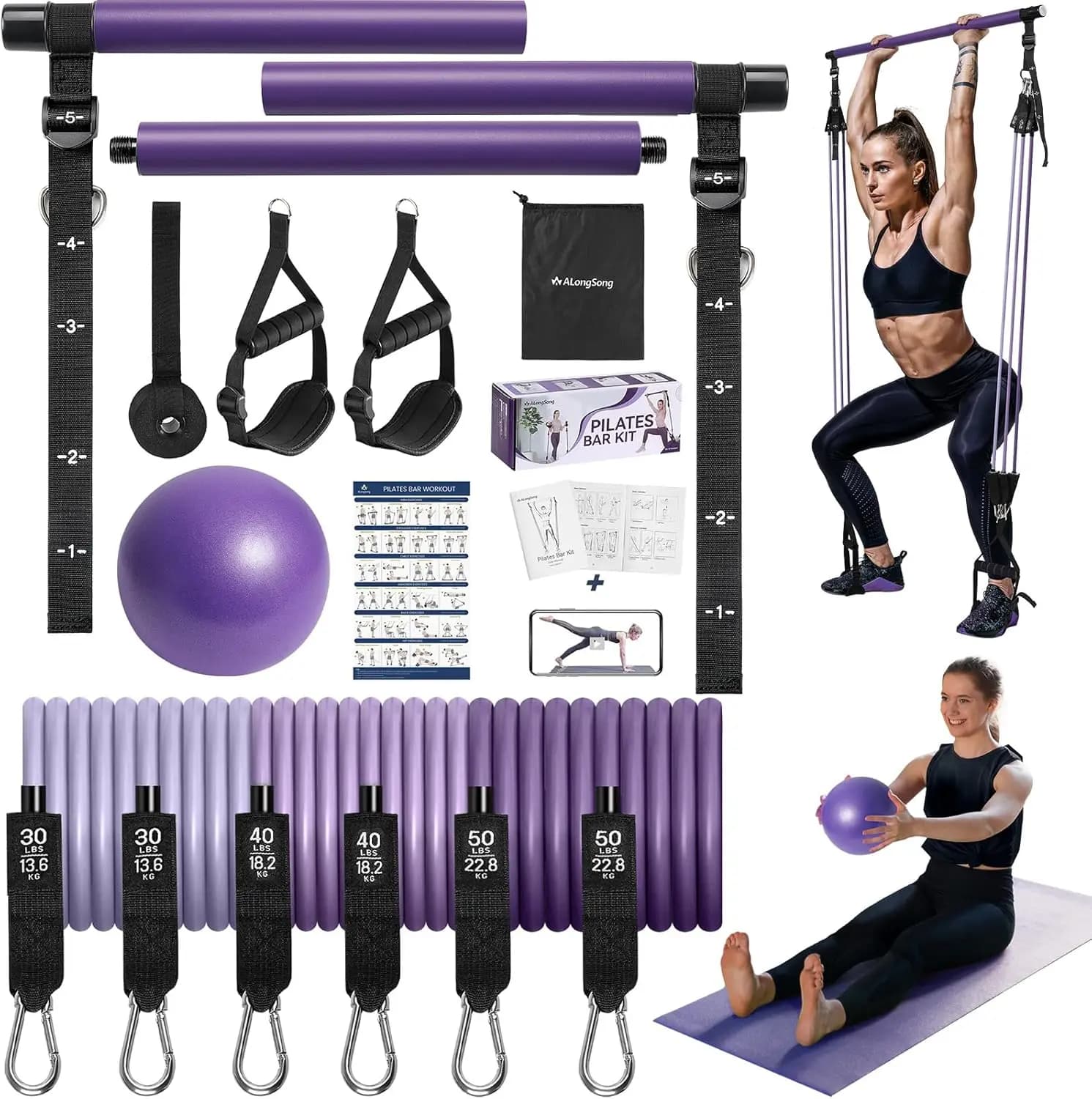 Kit Barra Pilates Regolabile con Bande di Resistenza per Palestra Domestica, Allenamenti Total Body per Uomini e Donne