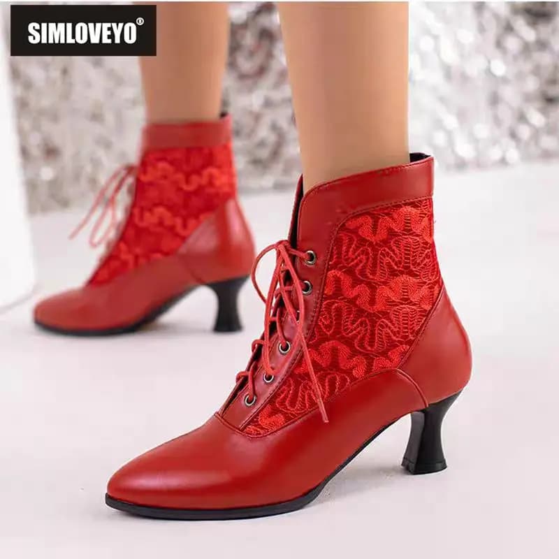 SIMLOVEYO Brand Female Ankle Boots Pointed Toe 5cm Strange Block Heels Lace Up Party Short Booties Plus Size 41 42 43 Autumn