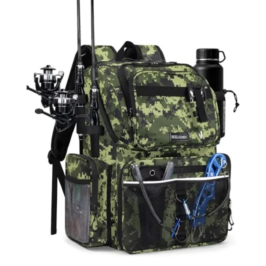 Zaino da Pesca con Portacanne, Borsa Impermeabile da 43L per Attrezzatura e Equipaggiamento con Scomparto Termico per Uomini Pescatori