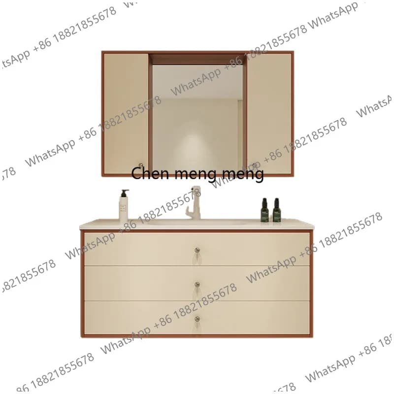 Mobile Bagno Moderno con Specchio Scorrevole e Lavabo Integrato in Ceramica, Combinazione Semplice con Doppio Lavabo, Arredo Bagno
