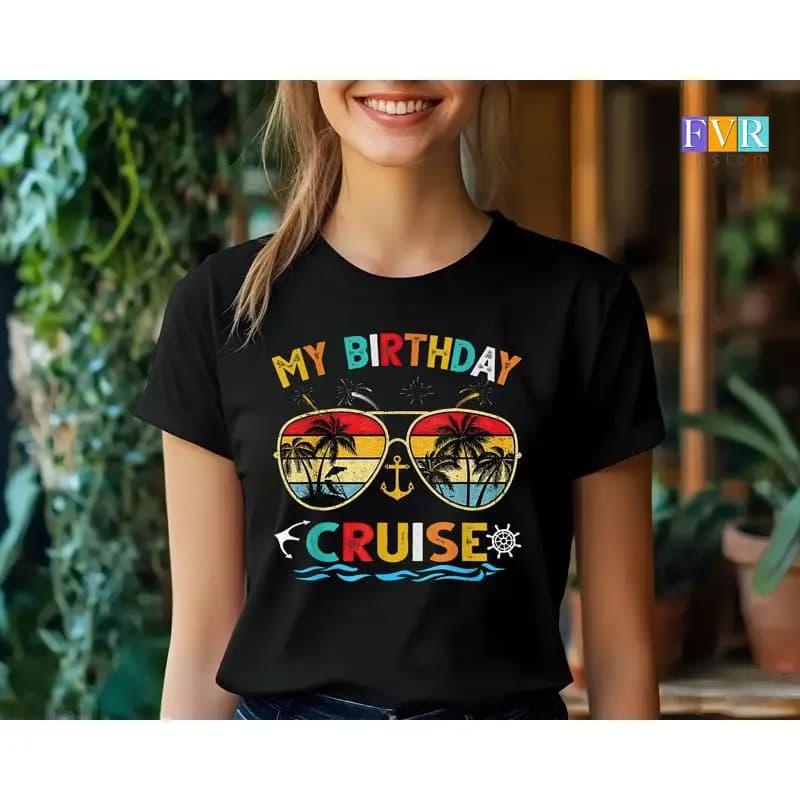 Maglietta My Birthday Cruise 2025 Sunset Beach Vacation Occhiali da sole vintage Oceano