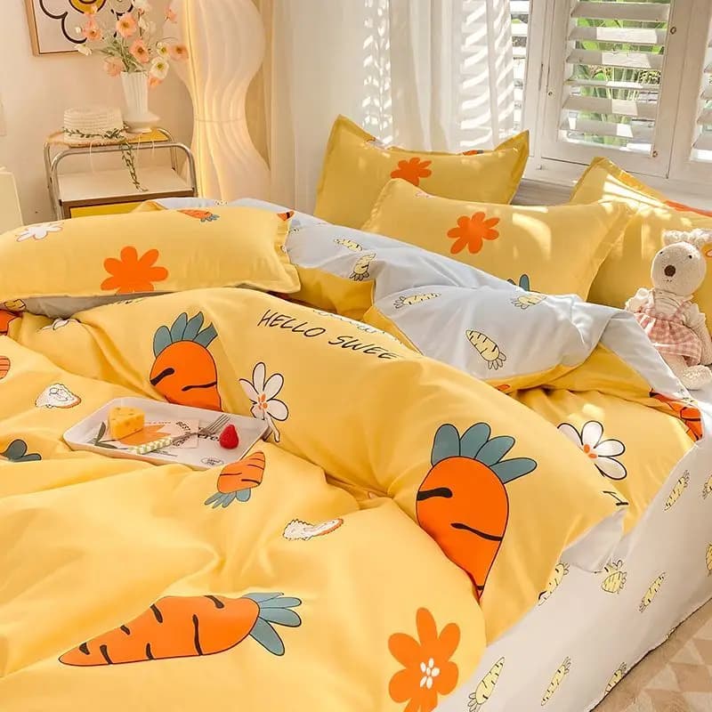 Set copripiumino carino carota con cerniera Federe in lenzuolo piatto Kawaii per bambini senza riempitivo Set biancheria da letto regalo per ragazze e ragazzi Twin Queen Size