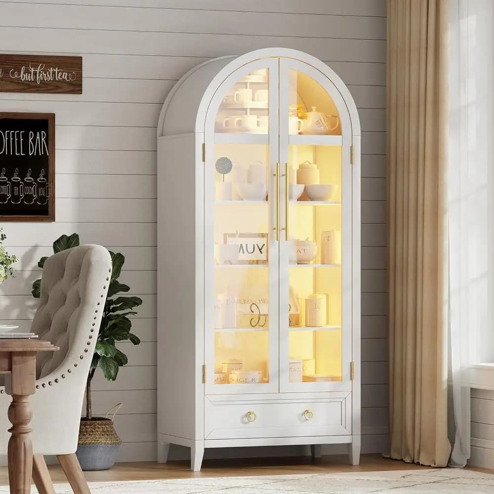 Vetrina a 4 Ripiani in Vetro, Espositore con 73 Luci LED per Oggetti da Collezione, Elegante Libreria Nera/Bianca per Soggiorno o Ufficio